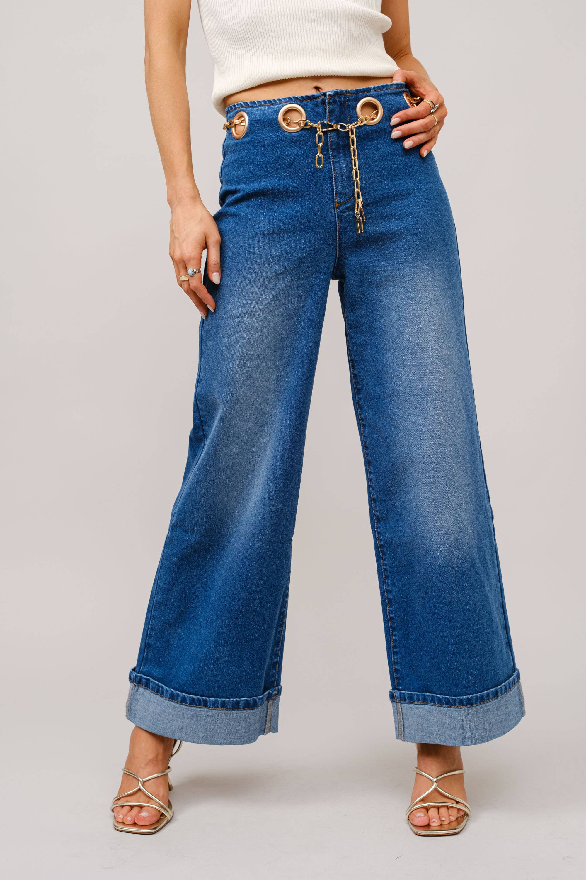 【U LAN】Nad washing chain wide denim pants Barbie Y2K Star Wide Leg Jeans With Belt & Chain | Her Universe