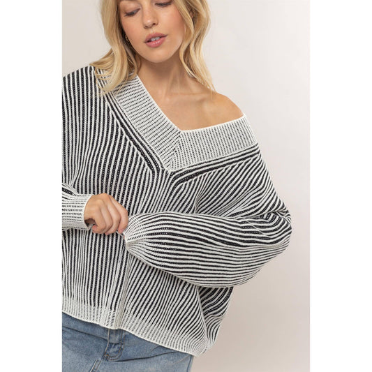 Striped Ribbed V-Neck Sweater